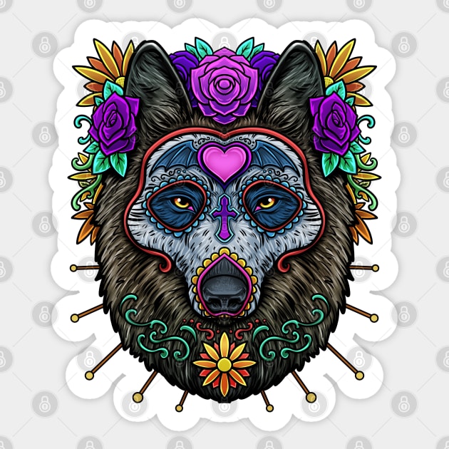 Sugar Skull Wolf Day of The Dead Dia De Los Muertos Halloween Sticker by AmbersDesignsCo